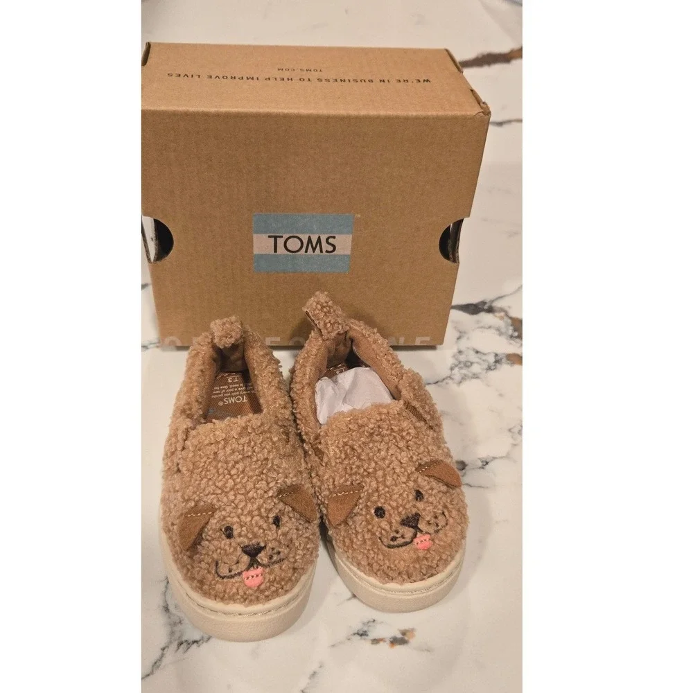 TOMS Kids Luca Doodle Plush Slip On Shoes‎ Toddler Size 3 Brown Dog Face